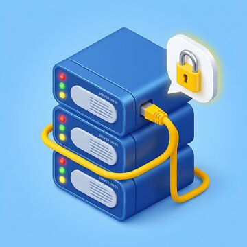 Secure server stack with locked pad on blue background  server room technology  data storage security concept  network server  database protection