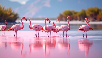 Obraz premium A Flock of Elegant Flamingos Standing in Shallow Pink Water.