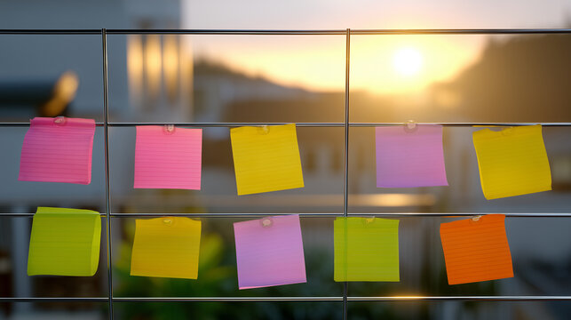 Solopreneur organizing color-coded task management system using physical index cards on wall grid, morning sunlight streaming across organized workspace, ideal for analog productivity methods, syste