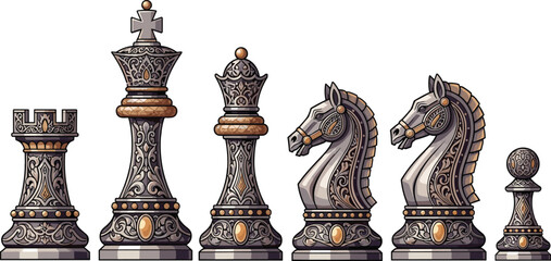 Ornate chess pieces set king queen rook knight pawn vintage luxury design board game vector illustration © MDSaiful