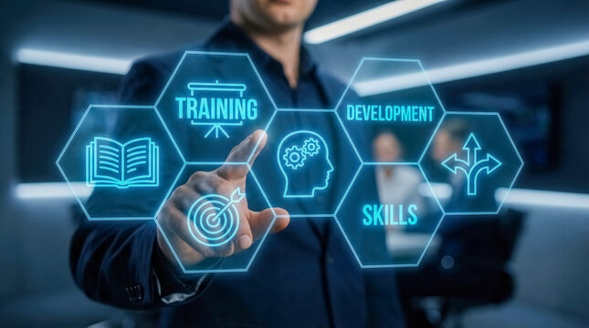 Businessman interacting with virtual digital interface in modern office. Business training, skills development and business education concept. 