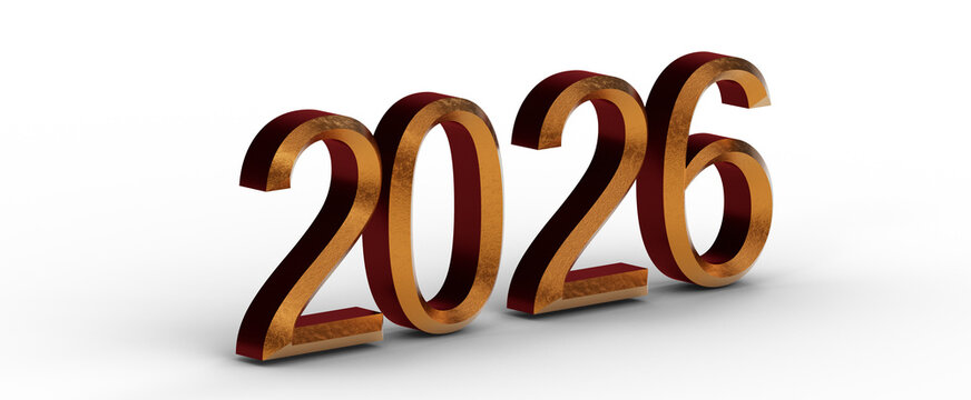 3D render of the year 2026 in gold and maroon against a white backdrop. Perfect for representing the future, new year ce