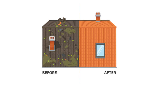 A split image shows a house roof before and after cleaning, with a dirty brown side and a clean orange side.