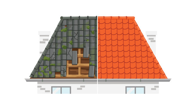 A split image shows a house roof before and after repair, with a damaged grey side and a new orange side.