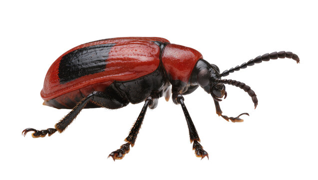 Red black striped beetle crawling, displaying detailed chitinous exoskeleton and six slender legs