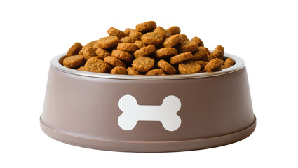 Brown plastic dog bowl filled with dry kibble, featuring a bone cutout design © Ines