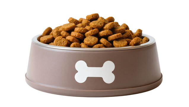 Brown plastic dog bowl filled with dry kibble, featuring a bone cutout design