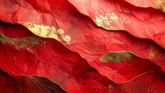 立体的な赤い和紙の重なりと金箔・梅の日本絵画風モダン背景（和紙工芸・テクスチャ・コピースペース）
3D layered red Washi paper texture with gold leaf and plum blossom Japanese painting style, modern sophisticated background.