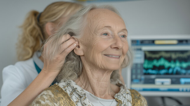 Elderly woman with cochlear implant smiling during audiologist appointment while technician adjusts settings on computer showing sound frequency graphs, ideal for medical technology, hearing restora