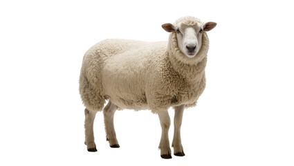Fototapeta premium Fluffy cream-colored sheep standing, gazing forward with gentle eyes
