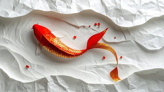 ギラギラと輝く金箔と赤い和紙の立体的な錦鯉背景（金運爆上げ・商売繁盛・縁起物・コピースペース）
Intense gold leaf and red Washi paper 3D koi fish background for good fortune, business success, and wealth