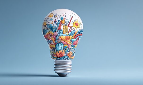 Lightbulb filled with a colorful doodle illustration of a city and creative concepts