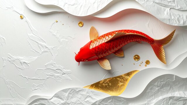 ギラギラと輝く金箔と赤い和紙の立体的な錦鯉背景（金運爆上げ・商売繁盛・縁起物・コピースペース）
Intense gold leaf and red Washi paper 3D koi fish background for good fortune, business success, and wealth