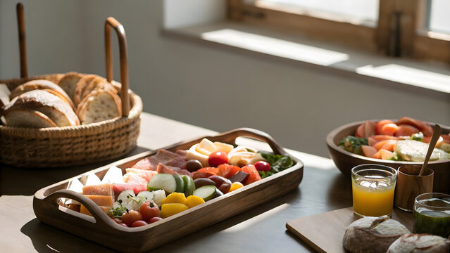 Rustic breakfast spread featuring fresh fruit wooden tray artisan bread and orange juice.
