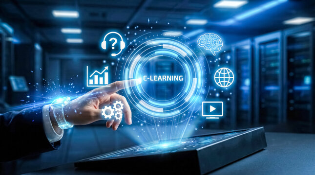 Businessman using futuristic e-learning interface with online education icons, digital education technology concept. 