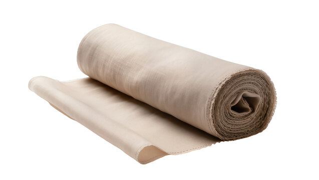 Rolled beige linen fabric, displaying a textured surface and subtle folds