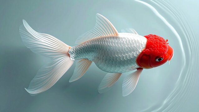 金魚の王様らんちゅう・赤と白の優雅な泳ぎ（高級観賞魚・和紙風波紋・和モダン・コピースペース）
King of goldfish "Ranchu" swimming gracefully with red and white colors, Japanese style ripples and elegant texture.