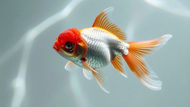 金魚の王様らんちゅう・赤と白の優雅な泳ぎ（高級観賞魚・和紙風波紋・和モダン・コピースペース）
King of goldfish "Ranchu" swimming gracefully with red and white colors, Japanese style ripples and elegant texture.