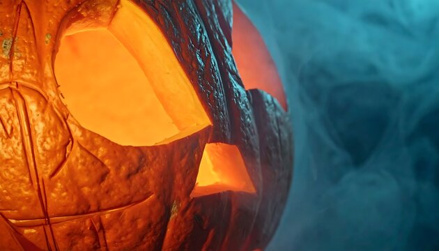 A carved pumpkin glows brightly on a spooky dark night with smoke