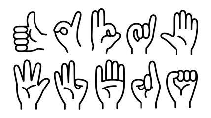 Obraz premium A diverse set of ten outline hand gestures depicting various communication signs and expressions.