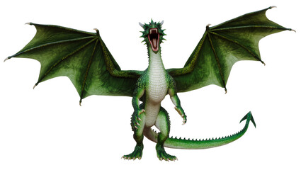 Fototapeta premium Green scaled dragon roaring, displaying large leathery wings and sharp claws