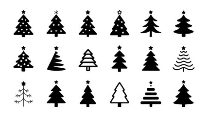 Obraz premium A comprehensive collection of solid black Christmas tree icons in diverse shapes and artistic styles.