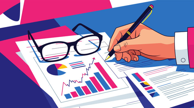 Hand annotating financial charts and reports on desk with glasses
