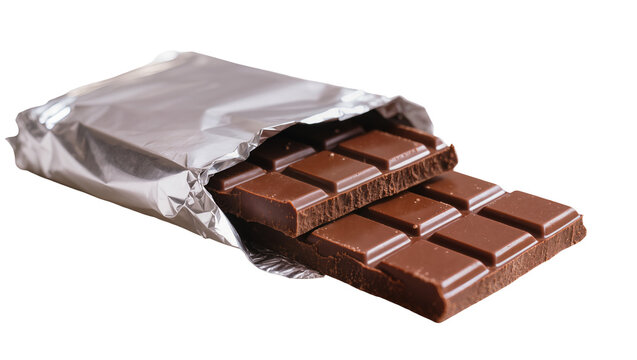 Opened dark chocolate bar, revealing rectangular segments within shimmering foil wrapper