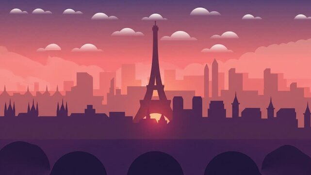 Sunset over Eiffel Tower with cityscape and bridge in Parisian landscape