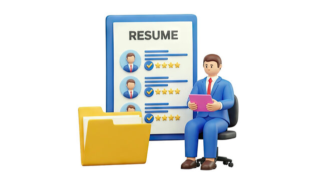 3D Cartoon Businessman Reviewing Resumes with Rating Stars
