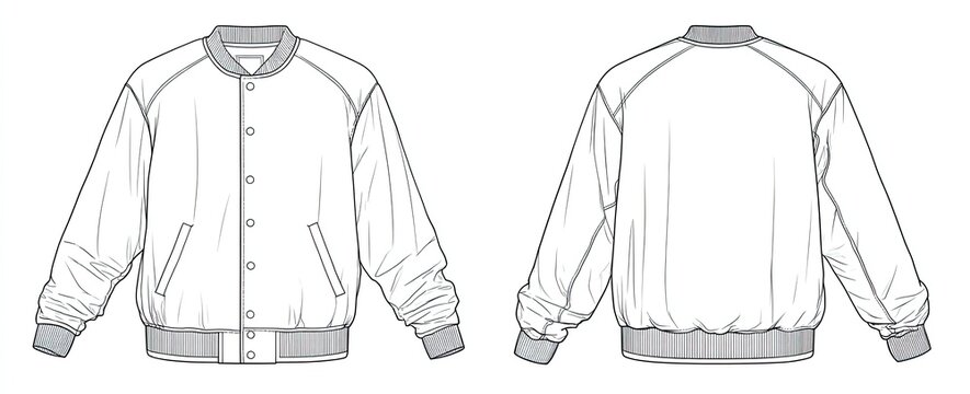 Line drawing of a unisex, button-up varsity jacket, front and back views. Ribbed collar, cuffs, and hem