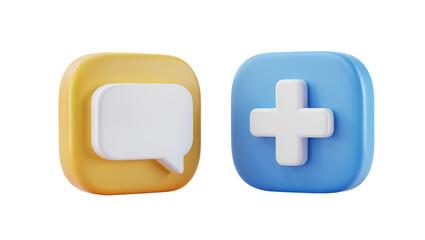 Obraz premium Golden speech bubble, and light blue plus sign icons rendered in 3D