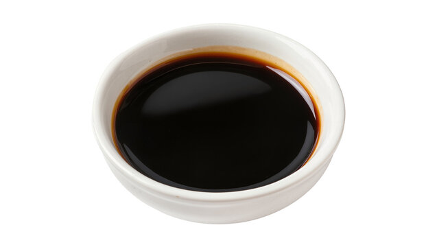 Dark glossy soy sauce filling a small ceramic bowl, reflecting light