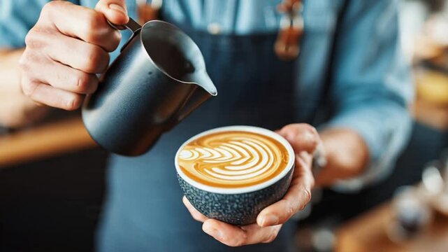 Barista skillfully pours latte art into a ceramic cup creating intricate patterns a close-up showcasing coffee preparation and the artistry of specialty drinks