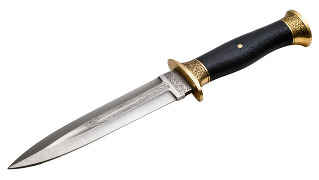 Ornate silver hunting knife, black textured handle with golden accents and rivets