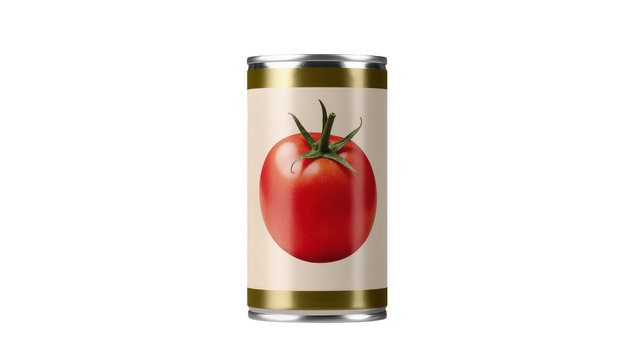 Metallic food can displaying vibrant red tomato, featuring green stem and leaves