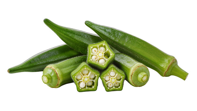 Fresh green okra pods, sliced open revealing creamy white seeds inside