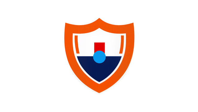 Modern orange shield logo featuring blue sphere red triangle, and angular white accents
