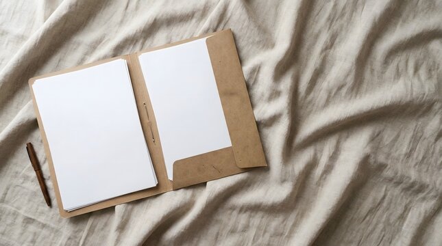 Open file folder with blank documents on soft fabric background for business paperwork presentation and document management concept