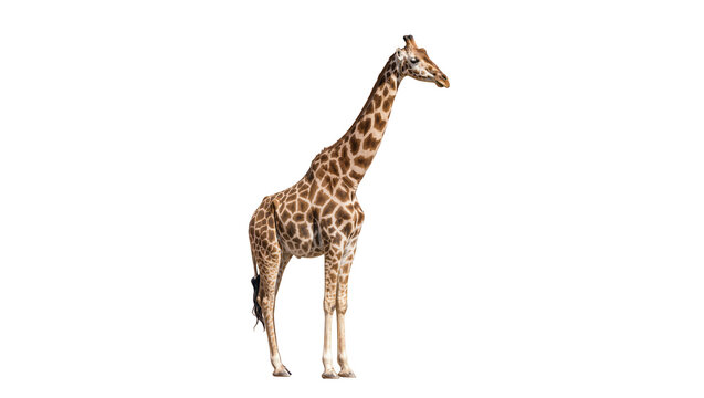 Tall spotted giraffe standing, gracefully posing with long neck and legs