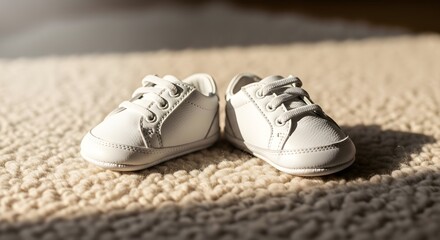 Naklejka premium Baby Shoes on Soft Carpet, Warm Natural Light, Minimal Newborn Scene