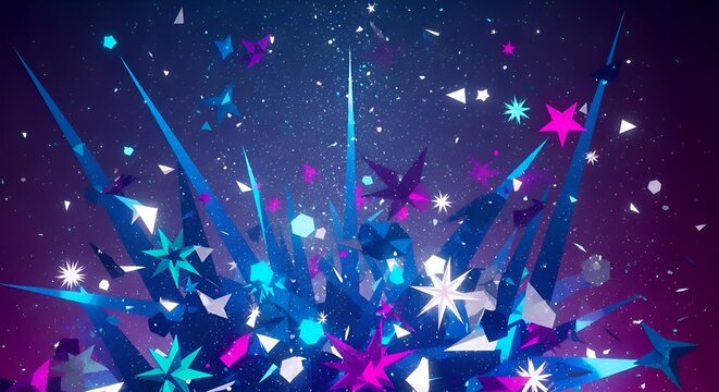 Abstract Exploding Starburst with Confetti and Geometric Shapes in Neon Blue and Pink