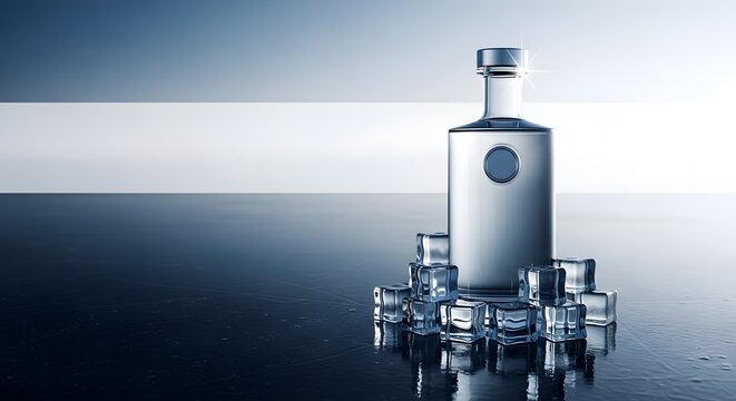 Luxury Glass Bottle with Ice Cubes on Reflective Surface