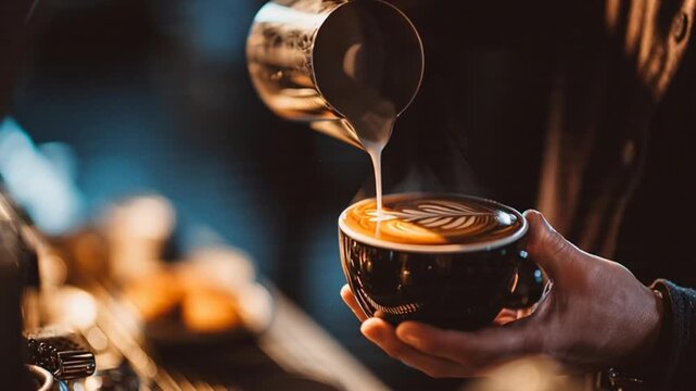 Barista skillfully pours latte art into a dark ceramic cup creating an intricate leaf design a warm and inviting scene of coffee preparation in a cozy cafe setting