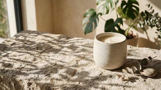 Minimal ceramic candle on stone surface with natural sunlight and leaf shadow for luxury home decor and aesthetic wellness concept