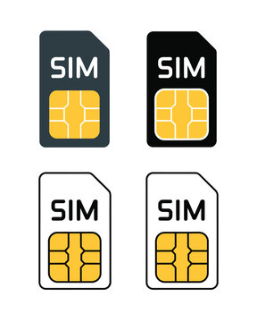 SIM card icon set, simple flat and outline vector graphics of subscriber identity module cards, suitable for mobile, electronics, network, and technology projects.