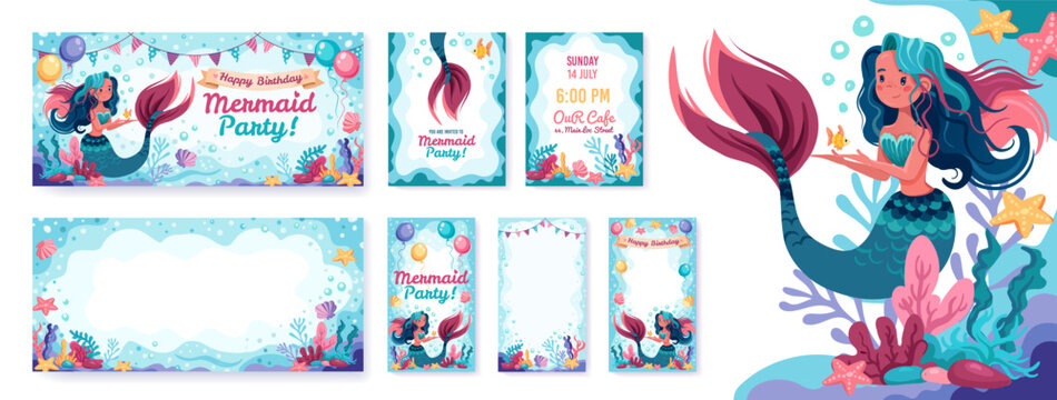Cute mermaid birthday party invitation with sea creatures, shells, and pastel underwater elements for kids celebration cards and festive mermaid themed designs.