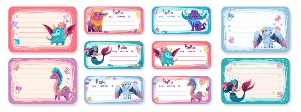Cute monster frame for school name tags and memo cards. Kawaii cartoon border template perfect for kids stationery, labels, and journal pages with playful design elements