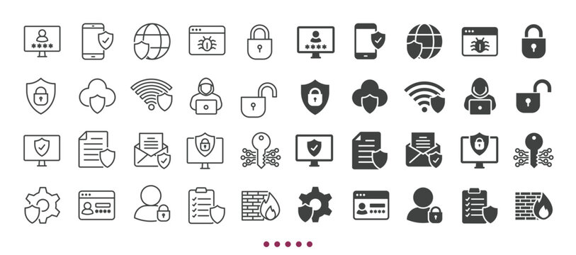 Security and protection icons collection. Multi series icons. Line and glyph solid web icons collection