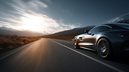 Fototapeta premium A sleek sports car gliding down an open road, surrounded by breathtaking scenery as the sun begins to set. This image captures the essence of freedom and the thrill of the drive.